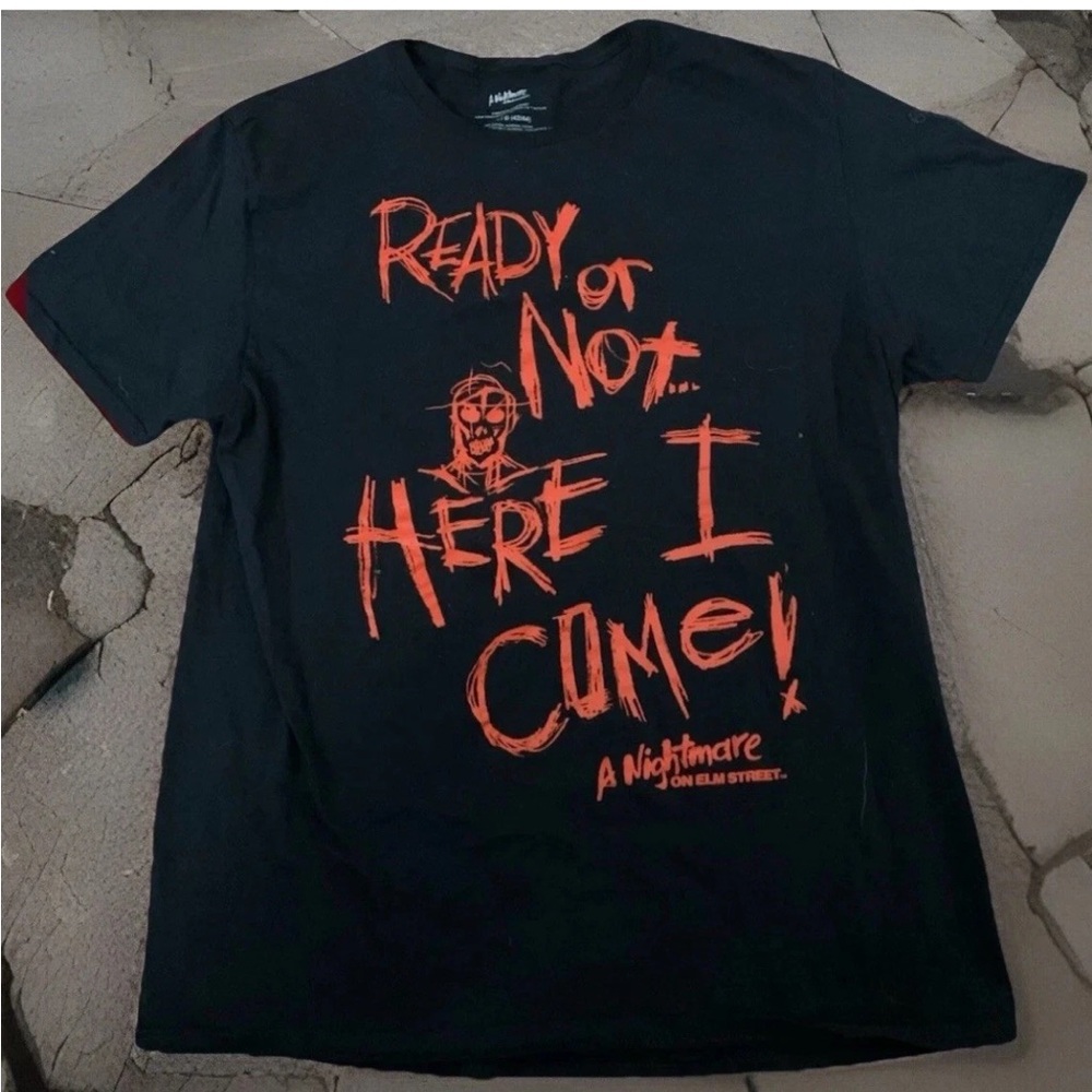 Freddy Krueger Nightmare on Elm St NEW Black T Shirt Ready or Not Here I Come LG